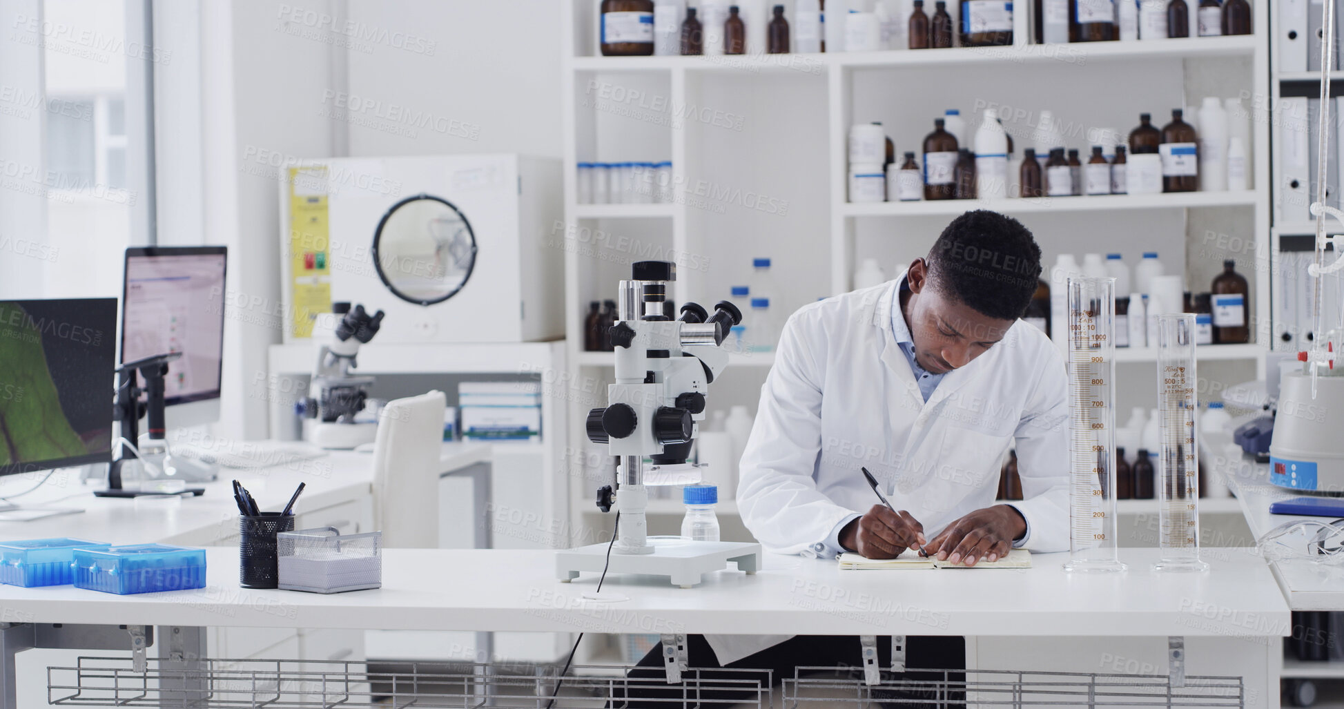Buy stock photo Writing, science and black man in lab, research for chemistry experiment and results for innovation. African person, scientist and employee in workplace, notes for test and technology for analytics