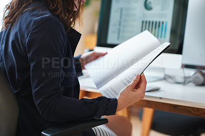 Buy stock photo Paperwork, business and woman in office with finance data, statistics or graphs for profit growth. Documents, employee and person with plan for company investment, reading and schedule for b2b deal
