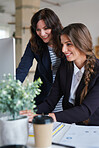 two business women using computer office manager woman training female intern colleagues working together in workplace 