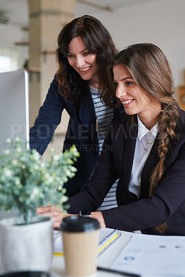 Buy stock photo Creative, mentor or team in office with computer, content strategy or advice on marketing report. Guidance, people or branding clerk with tech, manager support or insight for advertisement project.