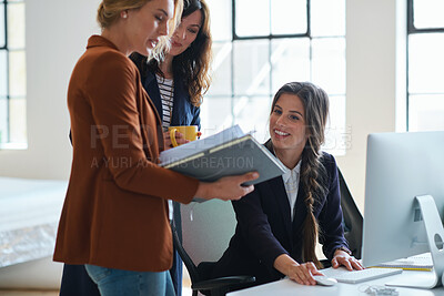 Buy stock photo Marketing, manager or team in office with computer, content strategy or advice on creative report. Insight, people or branding clerk with tech, mentor support or guidance for advertisement campaign.