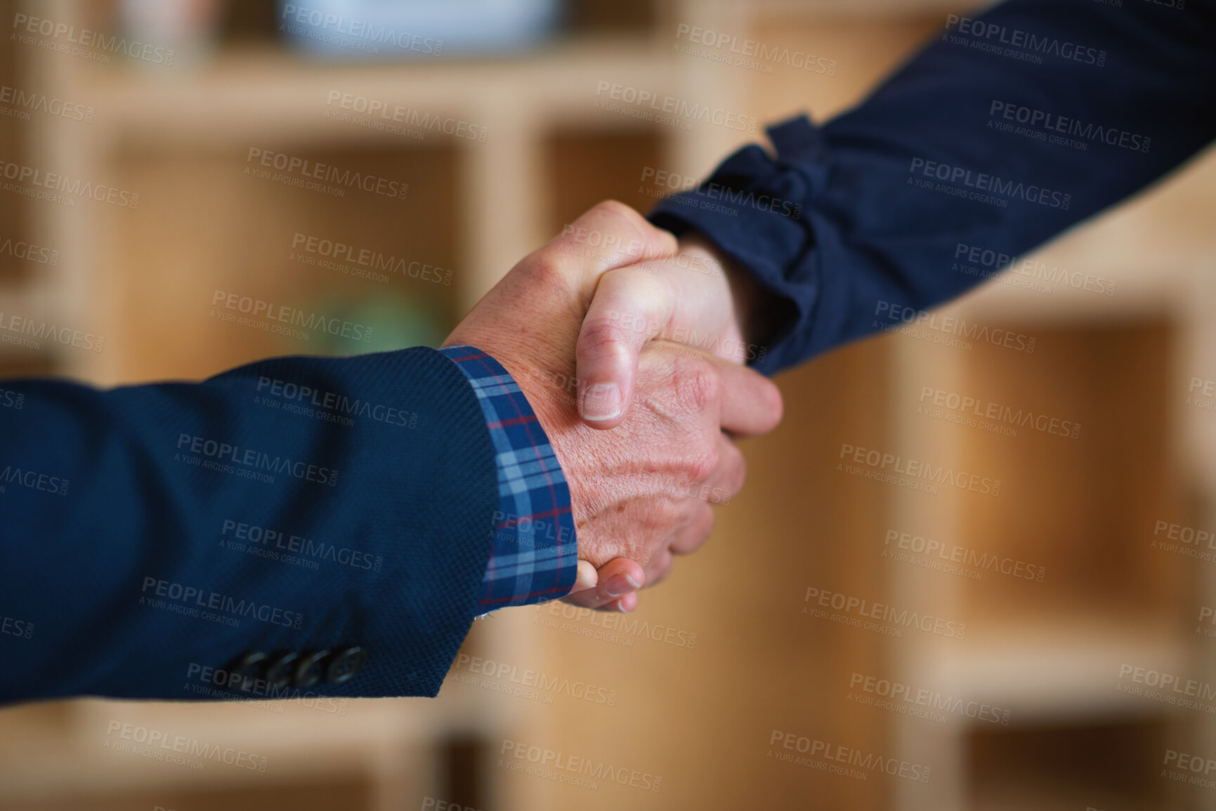 Buy stock photo Handshake, deal and business people in office with partnership, agreement or finance contract. Discussion, team and financial advisor shaking hands with investor for investment meeting in workplace.