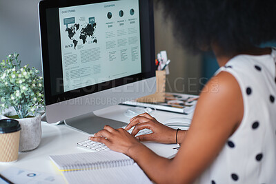 Buy stock photo Business, computer screen and woman in office, typing and statistics for global trading. Person, trader and employee in workplace, pc and email for stock market, financial analysis and research