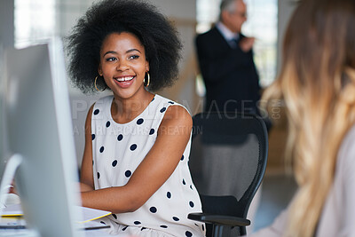 Buy stock photo Business, colleagues and happy woman with computer in office for social break or communication. Female people, employees or smile with coworker for interaction, coworking or conversation in workplace