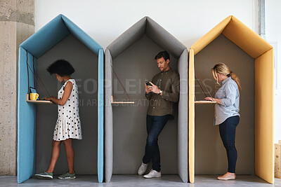 Buy stock photo People, business and cubicle with technology for workspace isolation, privacy or hybrid work. Group, employees or colleagues with laptop or smartphone in worker booth for seclusion or distance