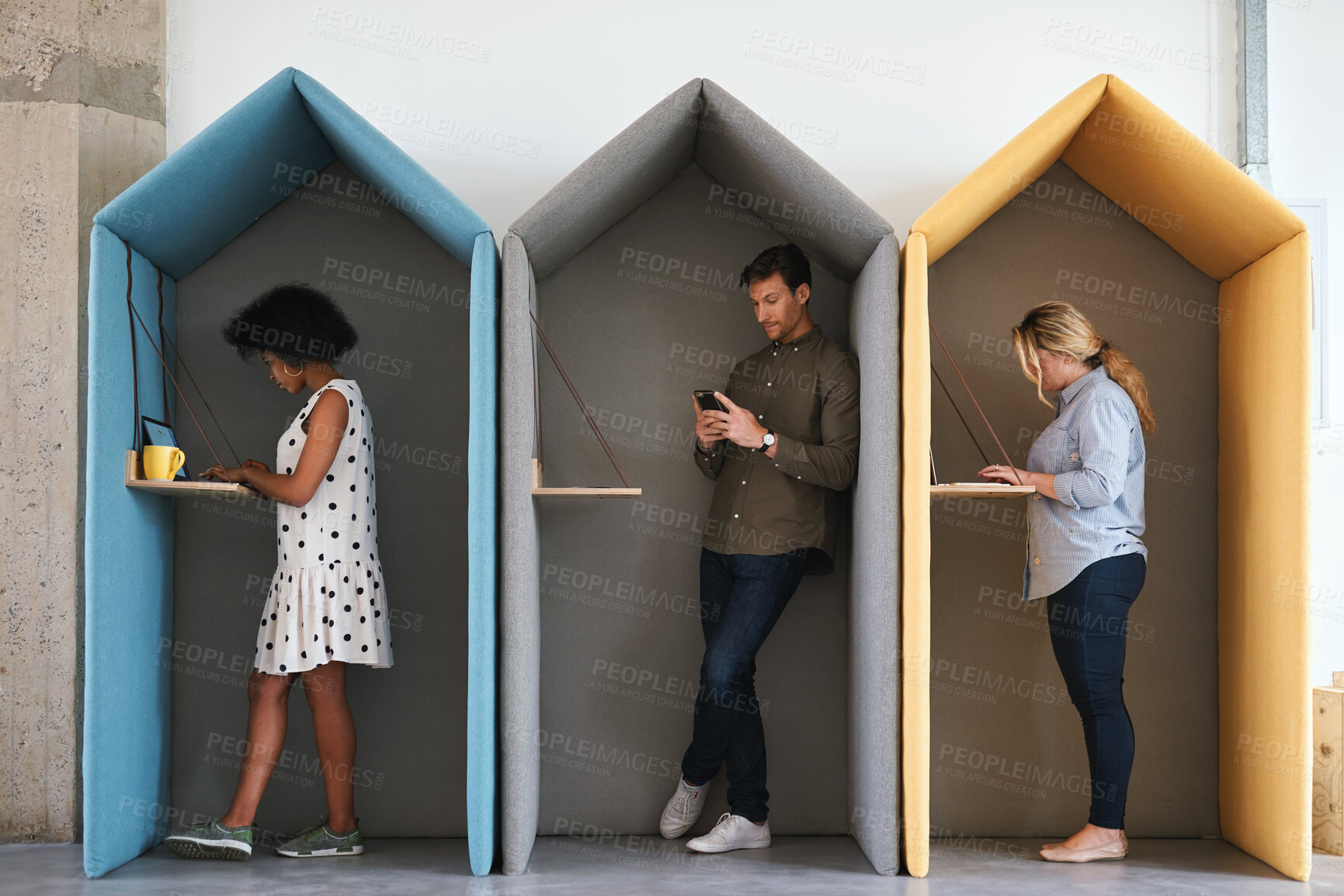 Buy stock photo People, business and cubicle with technology for workspace isolation, privacy or hybrid work. Group, employees or colleagues with laptop or smartphone in worker booth for seclusion or distance