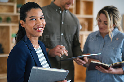 Buy stock photo Portrait, book and business woman in meeting for finance, investment or about us with intern at work. Smile, person or team in office for planning, asset management or ambition for career development