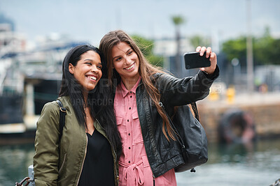 Buy stock photo Smile, selfie and friends outdoor for travel, photography and social media post on holiday. Happy, women and bonding at harbor for profile picture update, getaway reunion and memory on vacation trip