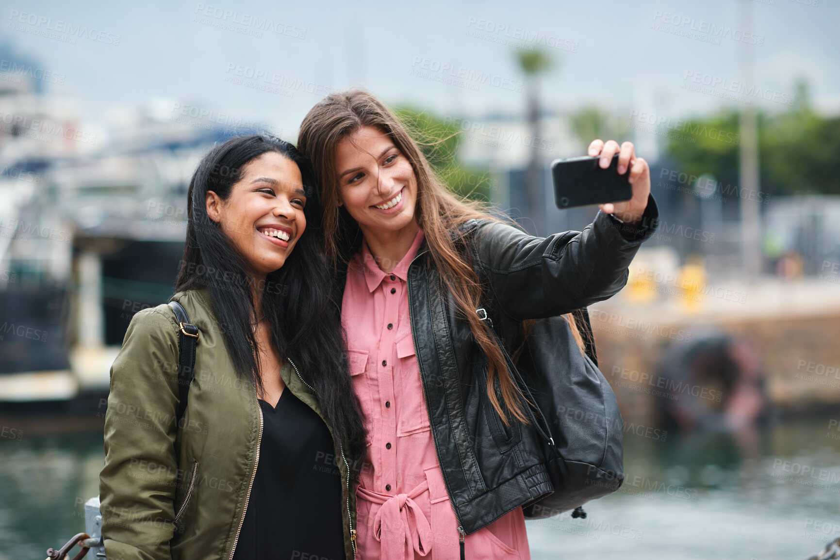 Buy stock photo Smile, selfie and friends outdoor for travel, photography and social media post on holiday. Happy, women and bonding at harbor for profile picture update, getaway reunion and memory on vacation trip