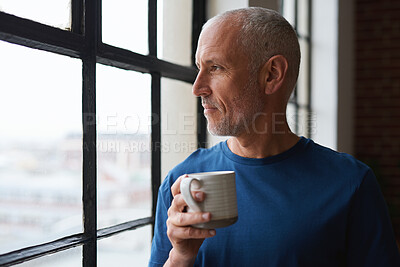 Buy stock photo Man, coffee and thinking at window in home with reflection, memory or smile for nostalgia in morning. Mature person, perspective and happy for mindset, drink or warm beverage for inspiration in house