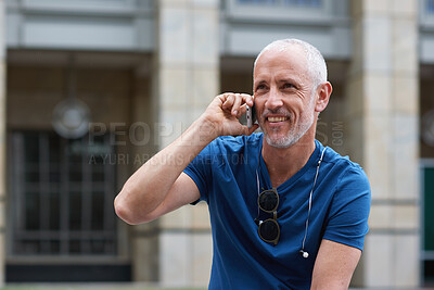 Buy stock photo Phone call, travel and mature man in city with connection on holiday, getaway or weekend trip. Happy, cellphone and male person on mobile conversation for communication in urban town on vacation.