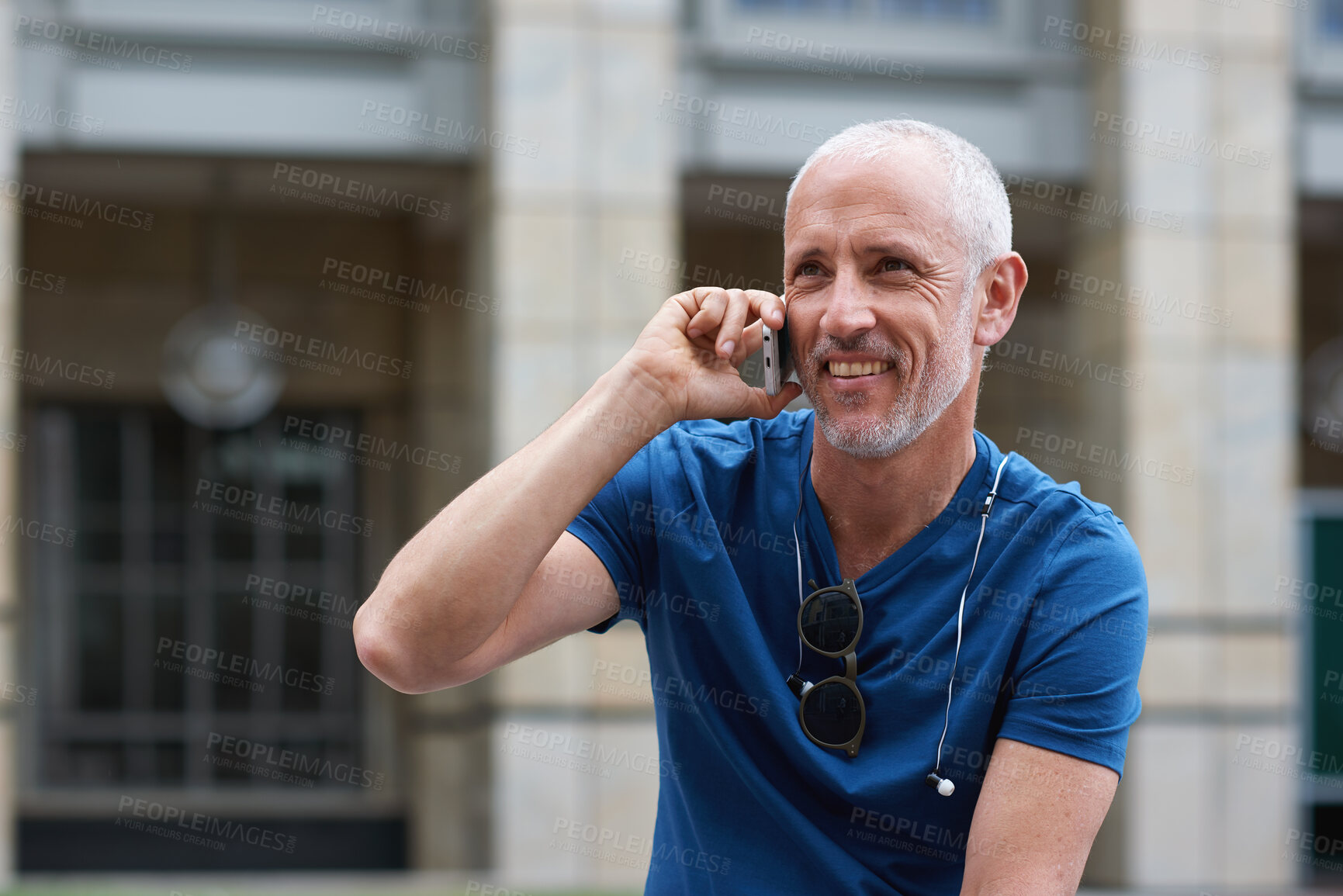 Buy stock photo Phone call, travel and mature man in city with connection on holiday, getaway or weekend trip. Happy, cellphone and male person on mobile conversation for communication in urban town on vacation.
