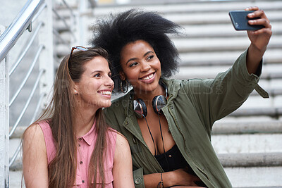 Buy stock photo Selfie, happy and girl friends in city for bonding on holiday, getaway or weekend trip with memory. Smile, stairs and women with photography picture for social media on vacation in urban town.
