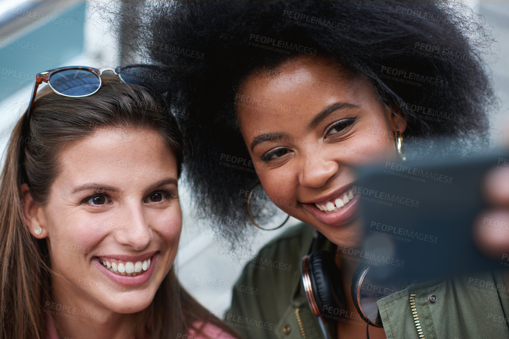Buy stock photo Selfie, smile and girl friends in city for bonding on holiday, getaway or weekend trip with memory. Happy, connection and women with photography picture for social media on vacation in urban town.