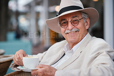 Buy stock photo Customer, portrait and old man with coffee at cafe, retirement and relax with warm beverage on break. Outdoor, restaurant and elderly person with caffeine drink on weekend, calm and smile with latte