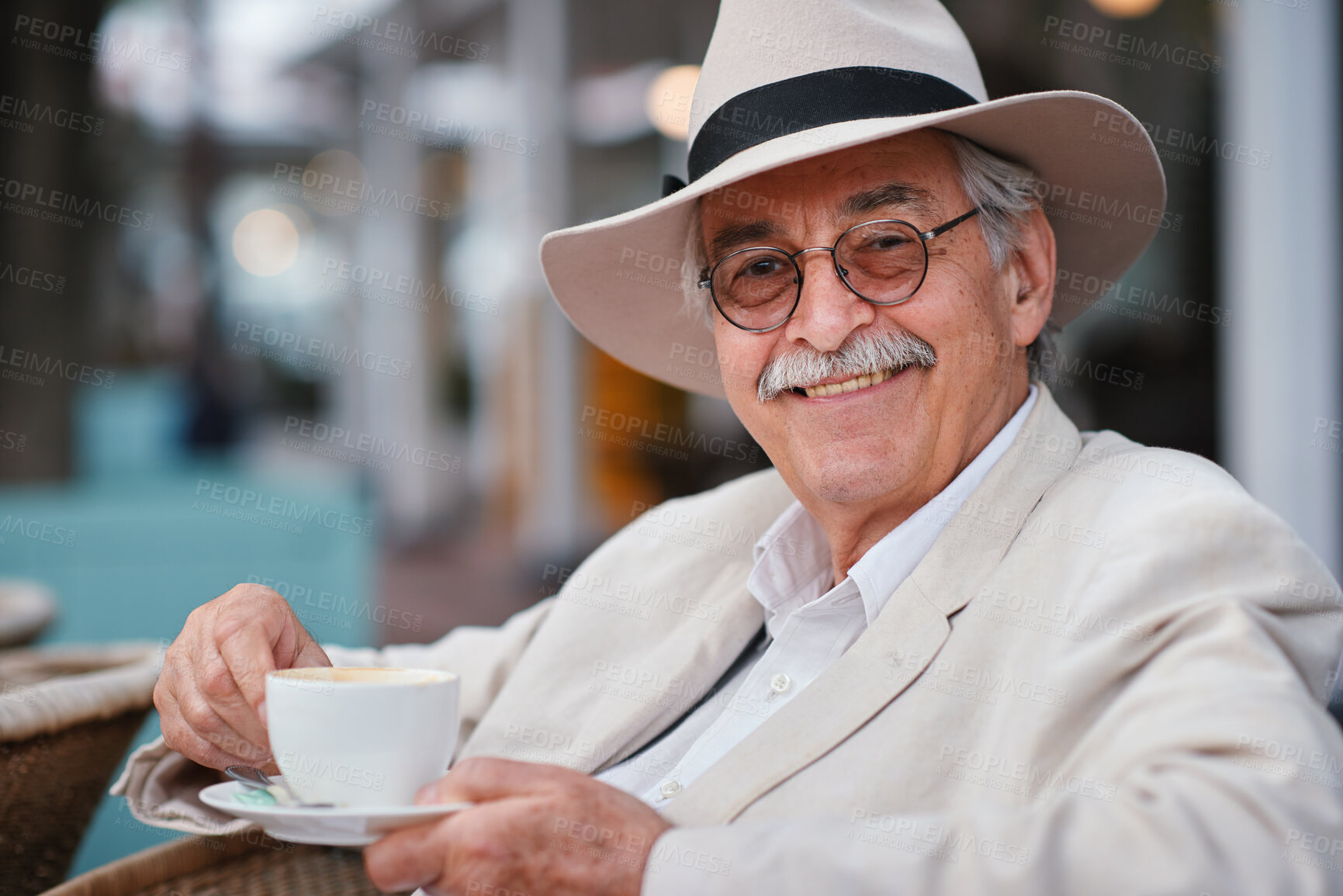 Buy stock photo Customer, portrait and old man with coffee at cafe, retirement and relax with warm beverage on break. Outdoor, restaurant and elderly person with caffeine drink on weekend, calm and smile with latte