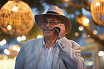 Old man using smartphone having phone call talking on mobile phone city evening