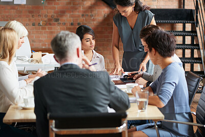 Buy stock photo Business, meeting and people in office with document, strategy report or planning for accounting. Team, review or talk in workplace with paperwork, finance information and budget audit for investment