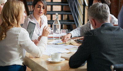 Buy stock photo Business, meeting and architect in office with document, illustration and blueprint for expansion. People, team and architecture with paperwork, reading floor plan and ideas for property development