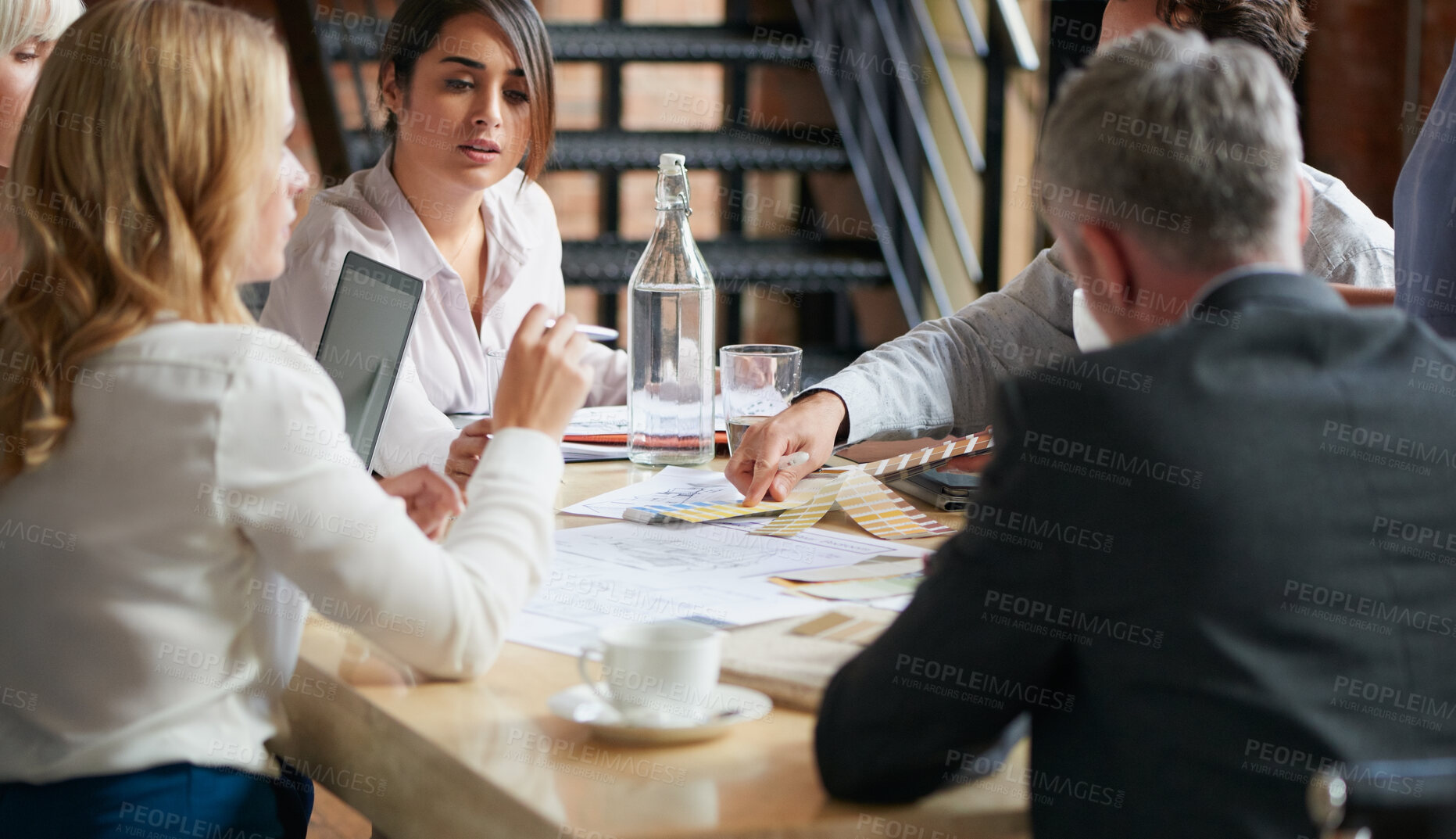 Buy stock photo Business, meeting and architect in office with document, illustration and blueprint for expansion. People, team and architecture with paperwork, reading floor plan and ideas for property development