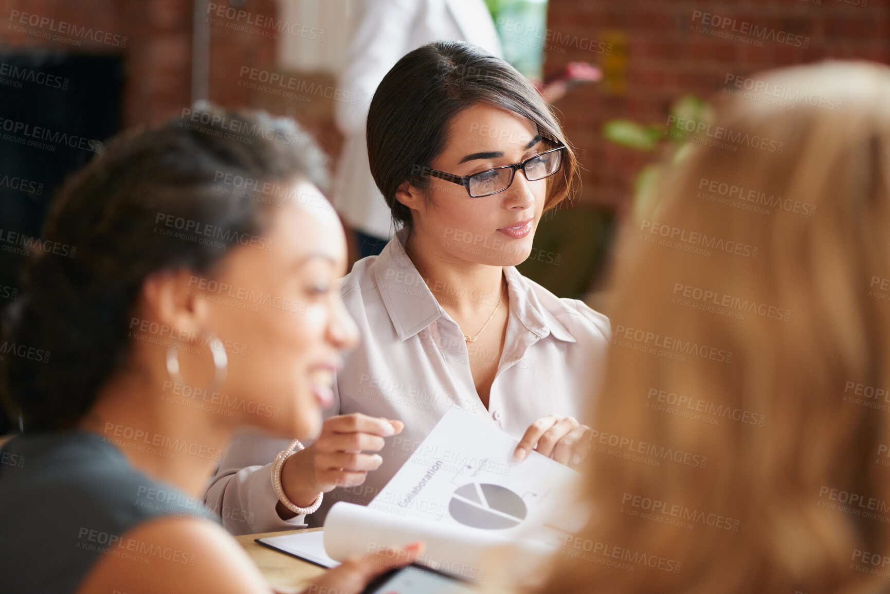 Buy stock photo Collaboration, planning and business people with document in office, marketing stats or review report. Team, paperwork and proposal in company for advertising metrics, performance chart and meeting