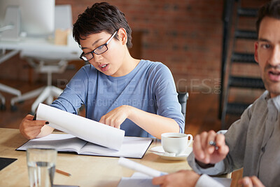Buy stock photo Business, meeting and woman in office with document, strategy report or planning for accounting. People, reading and team in workplace with paperwork, finance information and budget audit for project