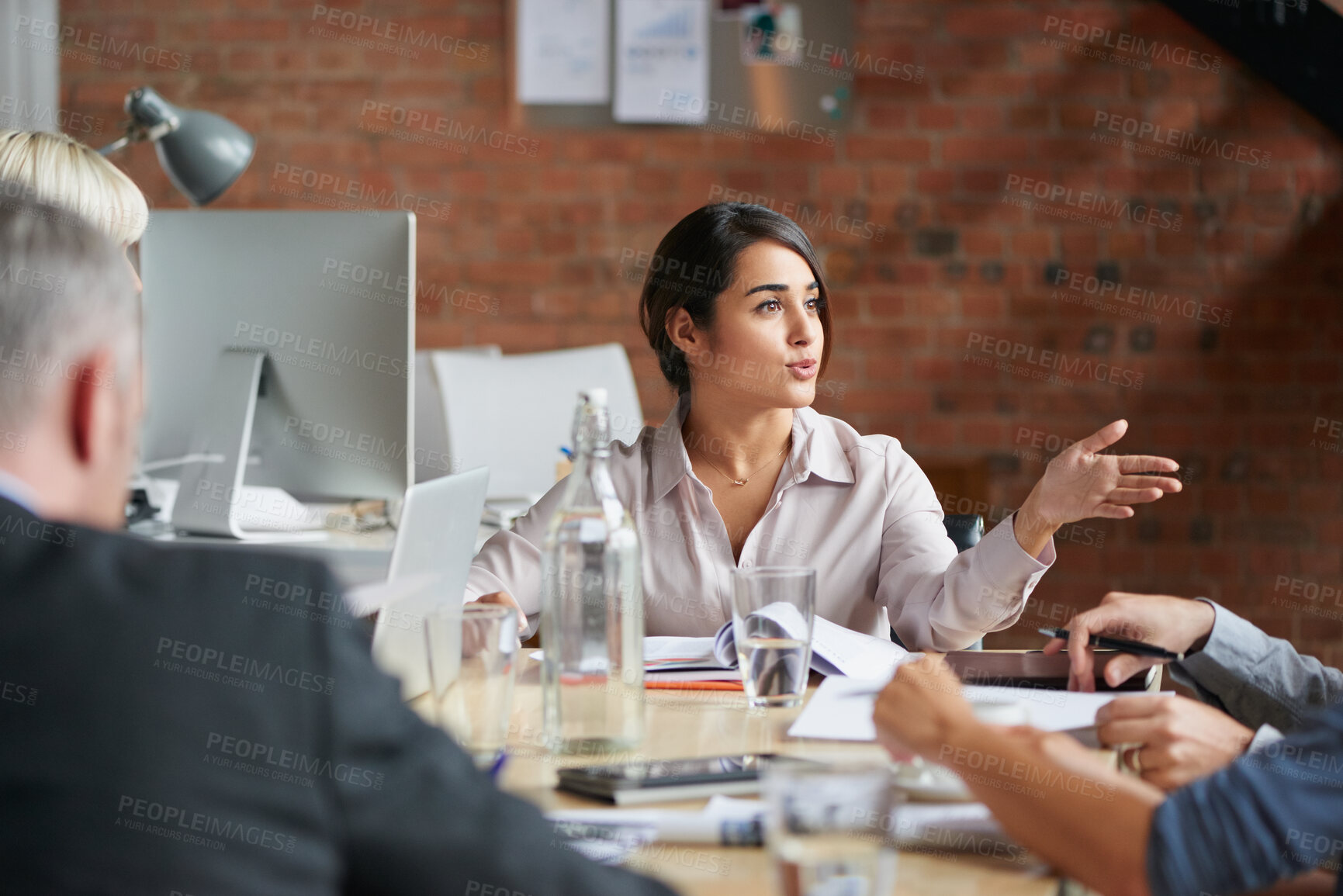 Buy stock photo Meeting, conversation and update with business people in office for event planner, proposal or feedback. Schedule, project management or startup with team in creative agency for venue budget planning