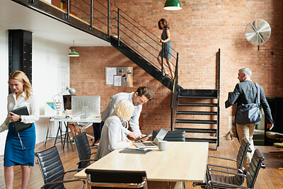 Buy stock photo Feedback, employee and manager with tablet in office, listing advice and property advertising tips. Coworking, review and business people with help for residence profile, real estate agency and tech
