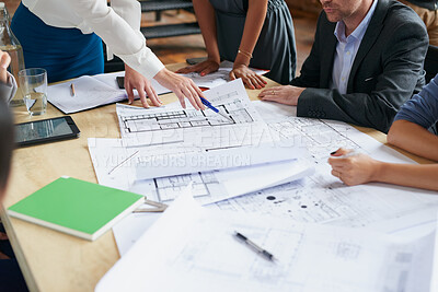 Buy stock photo Team, blueprint or planning with hands in office for development update, review or conversation. Meeting, people and brainstorming with documents for construction drawing, design or architect layout