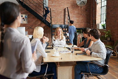Buy stock photo Meeting, team and discussion in office with happy woman, marketing budget and problem solving. People, planning and listening with manager for advertising campaign, collaboration and strategy brief