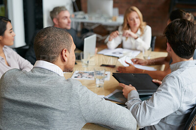 Buy stock photo Meeting, team and listening in office with business people, marketing budget and problem solving. Group, planning and proposal in company for advertising campaign, collaboration and strategy brief