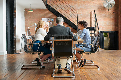Buy stock photo Meeting, boardroom and business people in creative workspace for project discussion or planning. Group, employees or designers with executive for team proposal, ideas or brainstorming tasks in office