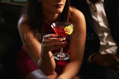 Buy stock photo Celebration, night or hands at party with cocktail, luxury liquor or sparkling beverage at elegant event. Glamour, fruit or woman with coupe glass, tonic drink or alcohol refreshment at evening gala.