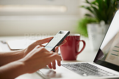 Buy stock photo Hands, laptop and phone for remote work with person at desk in home as small business employee. App, coffee and computer with worker in apartment for communication, planning or research as freelancer