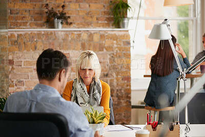 Buy stock photo Coworking, research or woman with laptop in startup, check online platform or monitor campaign traction. Review, staff or marketer with pc for engagement report, marketing proposal or creative agency
