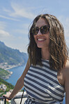 Portrait Beautiful stylish smiling travel woman on summer vacation