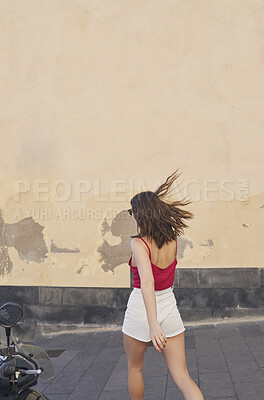 Buy stock photo Girl walking in urban street on beautiful relaxing summer vacation exploring to discover carefree lifestyle