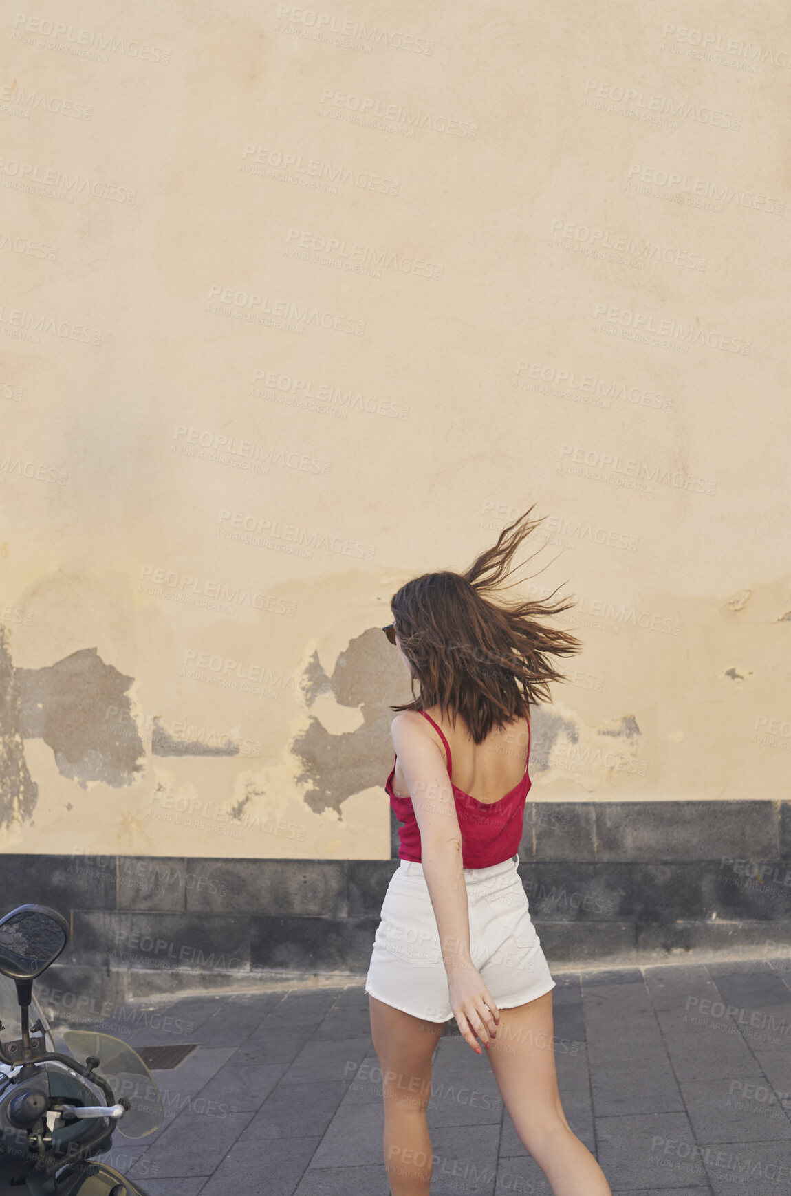 Buy stock photo Girl walking in urban street on beautiful relaxing summer vacation exploring to discover carefree lifestyle