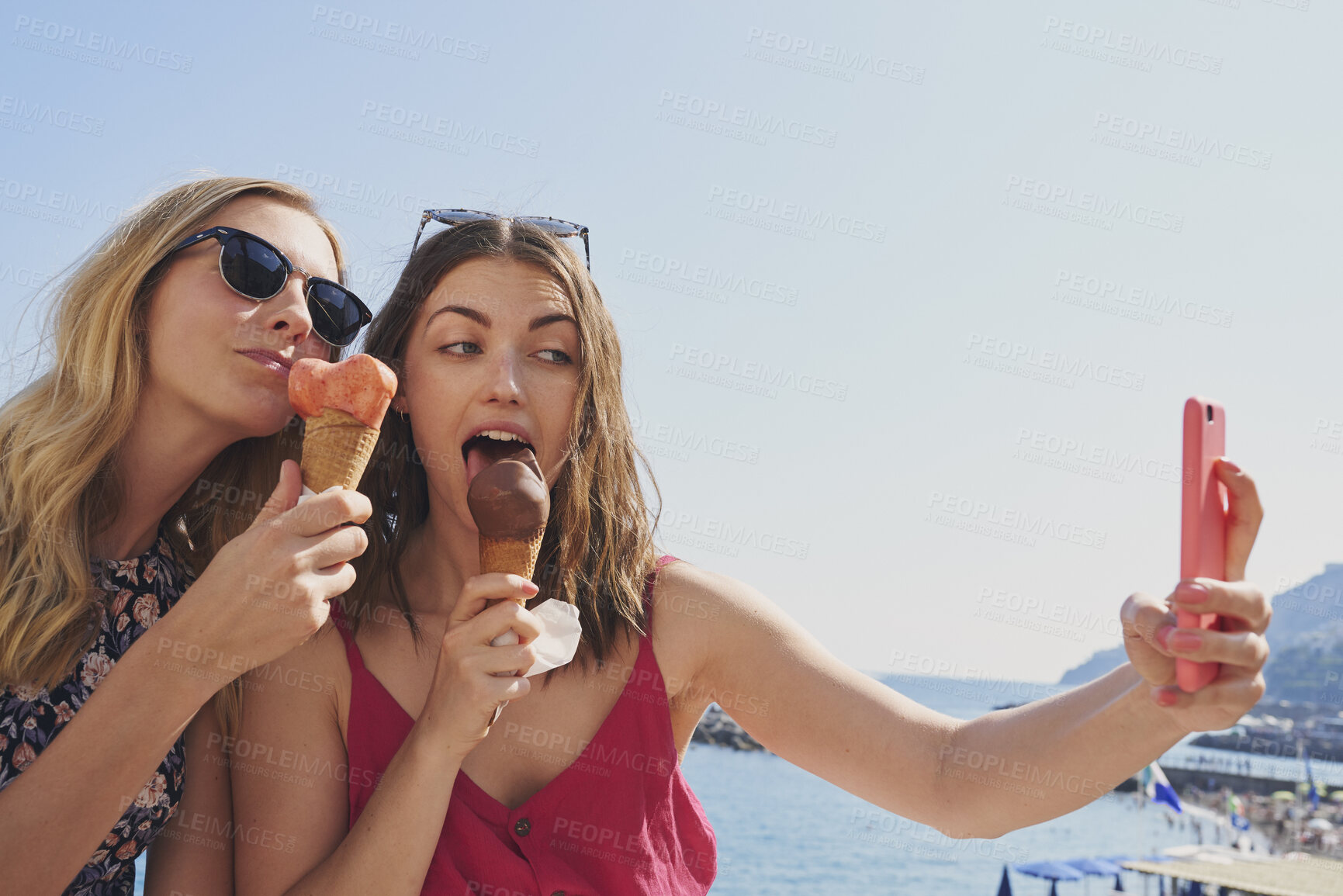 Buy stock photo Friends, selfie and women with ice cream at harbor for summer, holiday and travel with mobile app. People, treat and smile for photography, profile picture or social media post for vacation in Italy
