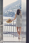 beautiful fashionable woman enjoying view at hotel on luxury vacation 