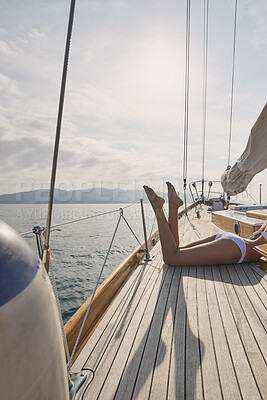 Buy stock photo Relax, travel and legs of woman on yacht for summer vacation, seaside journey and peace. Holiday getaway, tropical adventure and sailing with person on boat for cruise, tourism and transport