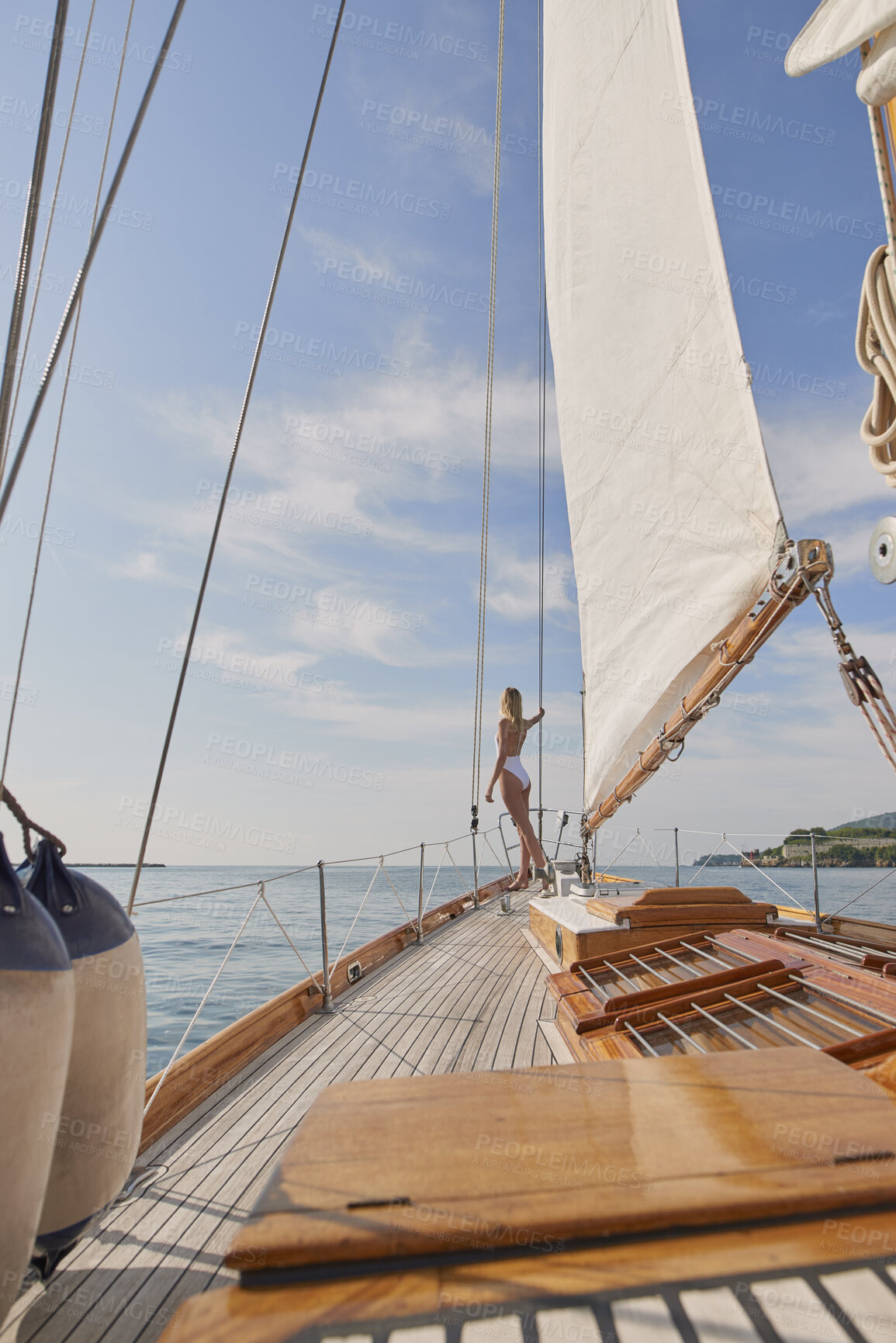 Buy stock photo Sailing, travel and view with woman on yacht for summer vacation, seaside journey and peace. Holiday getaway, tropical adventure and relax with person on boat for cruise, tourism and transport