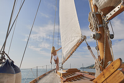Buy stock photo Relax, travel and back of woman on yacht for summer vacation, seaside journey and peace. Holiday getaway, tropical adventure and sailing with person on boat for cruise, tourism and transport