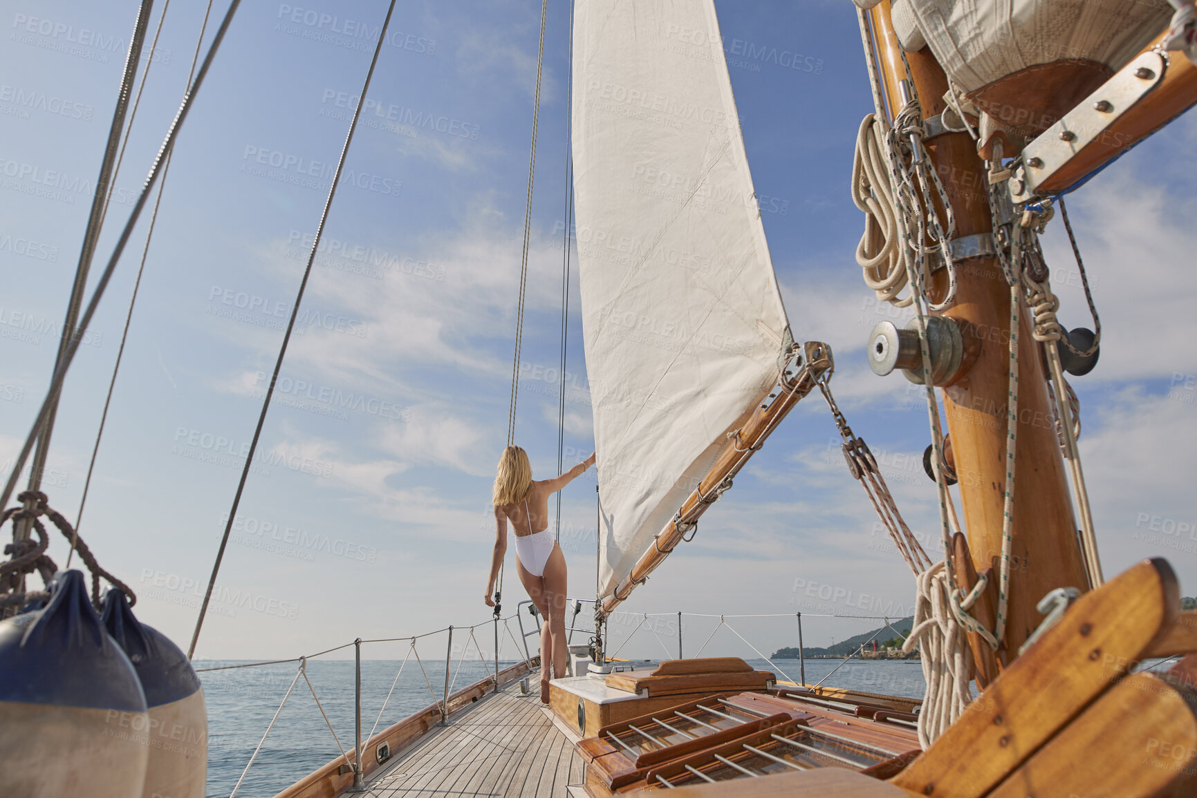 Buy stock photo Relax, travel and back of woman on yacht for summer vacation, seaside journey and peace. Holiday getaway, tropical adventure and sailing with person on boat for cruise, tourism and transport