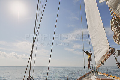 Buy stock photo Relax, travel and freedom with woman on yacht for summer vacation, sea journey and peace. Holiday getaway, tropical adventure and sailing with person on boat for cruise, tourism and transport