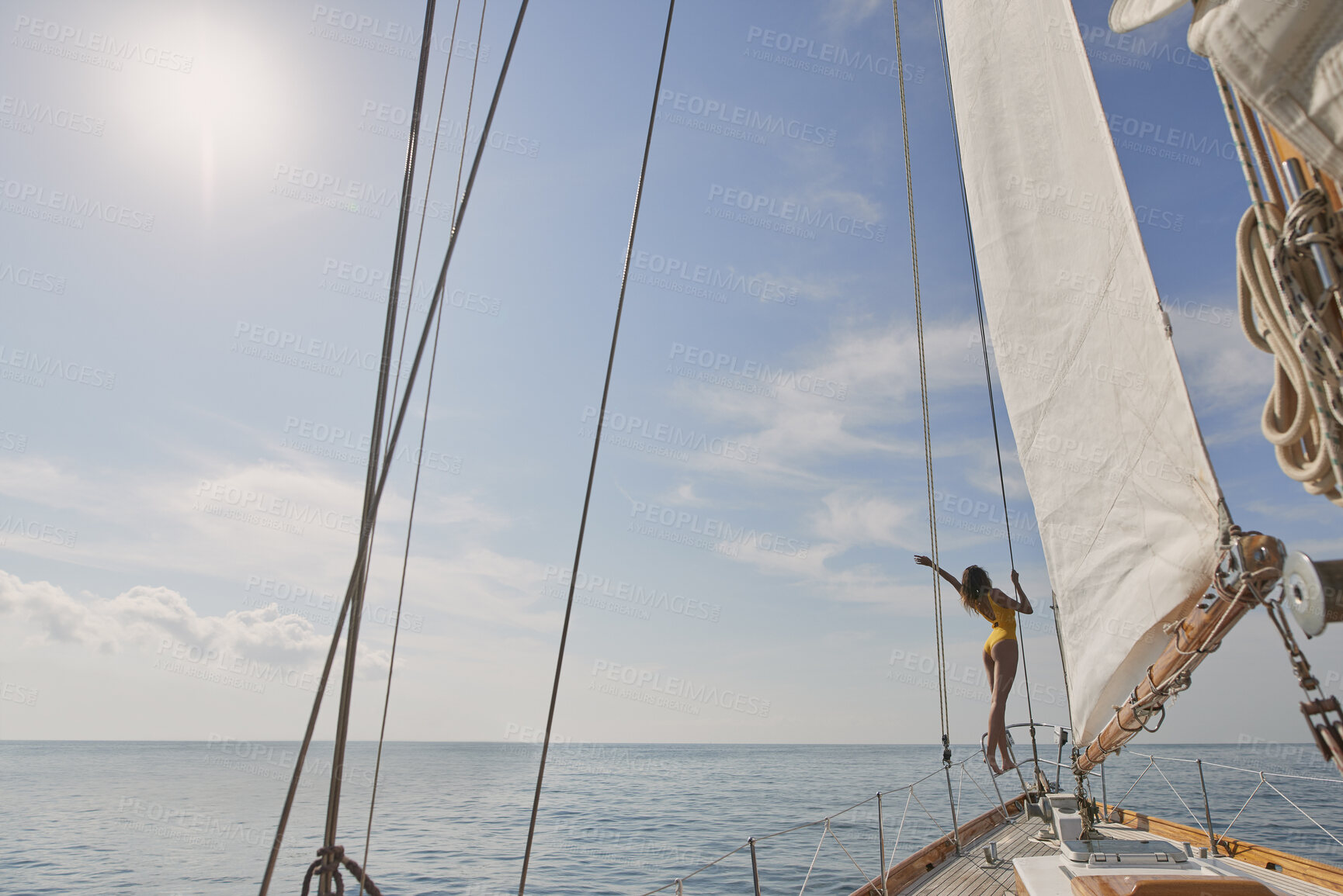 Buy stock photo Relax, travel and freedom with woman on yacht for summer vacation, sea journey and peace. Holiday getaway, tropical adventure and sailing with person on boat for cruise, tourism and transport