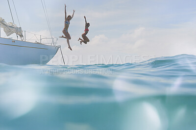 Buy stock photo Energy, jump and ocean with friends on yacht for summer vacation, seaside getaway and freedom. Holiday cruise, bonding and sailing with women on boat for tropical journey, tourism and travel