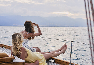 Buy stock photo Travel, relax and view with friends on yacht for summer vacation, seaside getaway and peace. Holiday cruise, bonding and sailing with women on boat for tropical journey, tourism and sightseeing