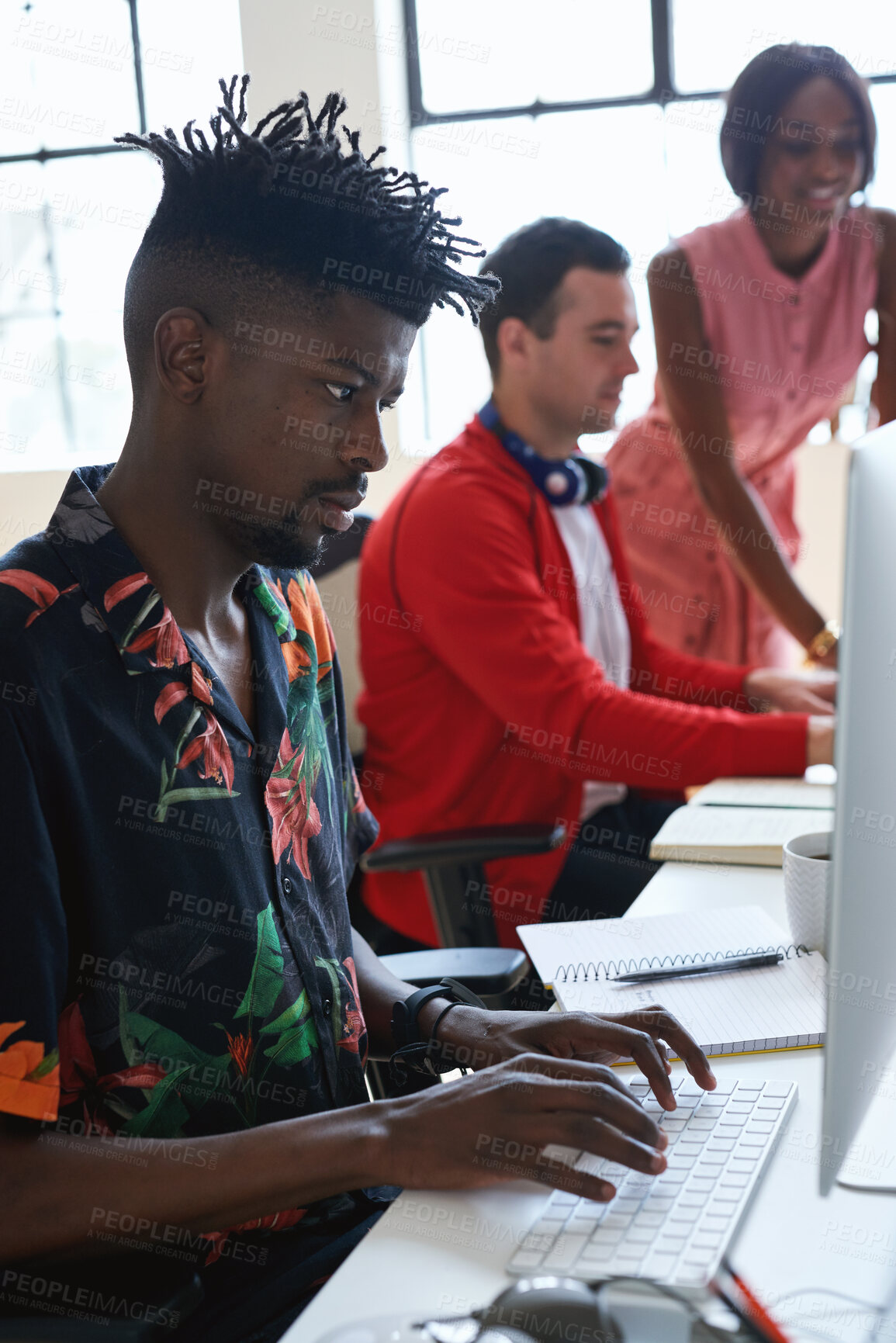 Buy stock photo Marketing, research or man in office with computer, media monitor or consumer insight for proposal. Typing, coworking or brand specialist with tech, trend review or web search for advertisement pitch