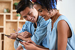 Friends using smartphones smiling happy browsing messages on mobile phones